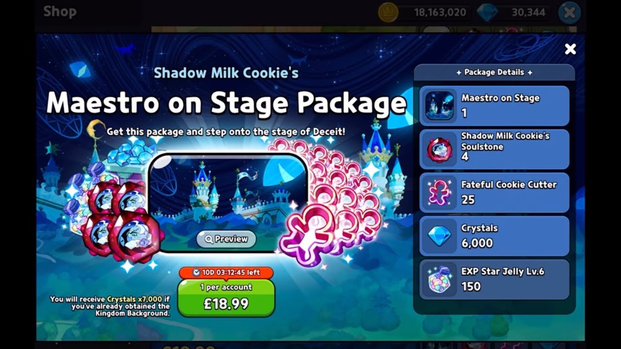 Getting the new Shadow Milk Cookie’s Maestro on Stage Package in Cookie Run: Kingdom 🔷🔹🔷