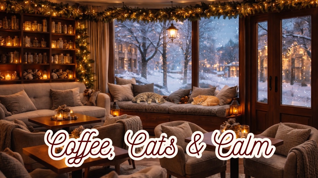 The Cozy Snowy Cat Café You've Been Dreaming Of ☕ | Crackling Vinyl Jazz | Cozy Reading Ambience