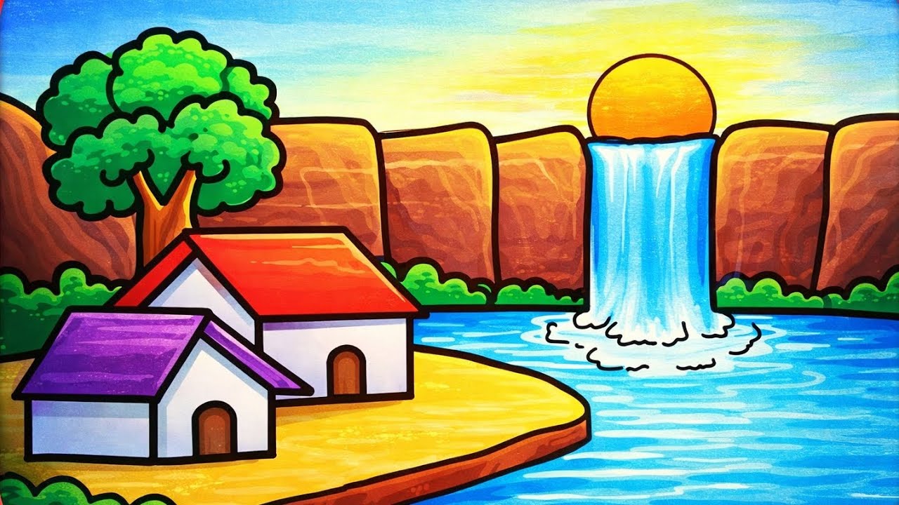 Simple Village Scenery Drawing | Easy Sunset Landscape Art for Beginners
