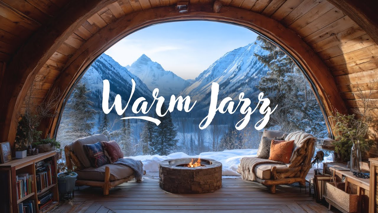 ❄️ Warm Jazz & Crackling Fireplace Ambience | Snowy Cabin Night for Relax, Stress Relief