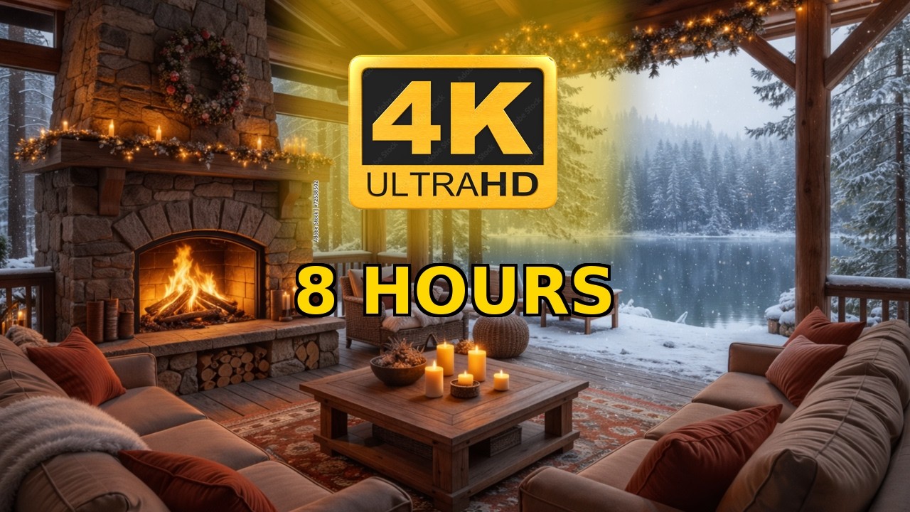 Cozy Winter Fireplace by the Lake ❄️ 4K Fireplace Ambience – 8 HOURS Relaxing Fire Sounds