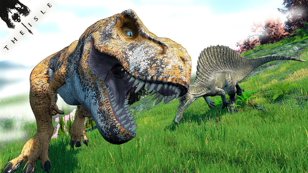 Dinossauro -  Jurassic Park Tiranossauro Rex, Batalha com o Espinossauro Gigante - The Isle🦕