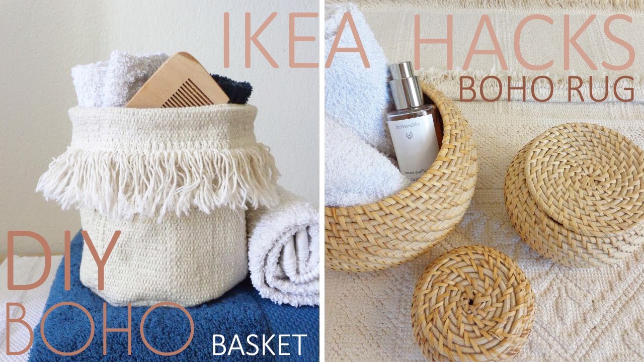 DIY IKEA HACKS AFFORDABLE AND STYLISH BOHO BASKET+ BOHO RUG  FOR THE BATHROOM TUTORIAL HOME DECOR