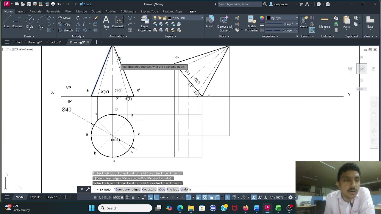 Projections of solids using Autocad- A cone