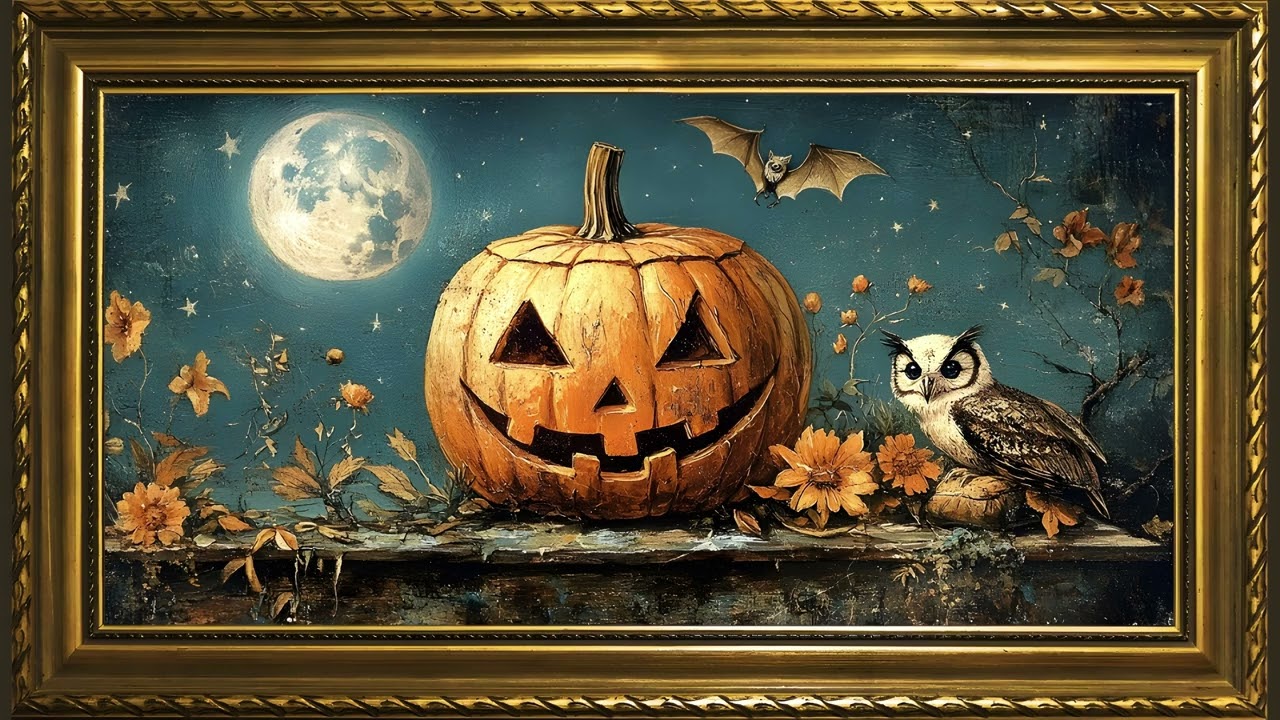 Moonlit Pumpkin, Owl and Halloween Flowers, Vintage Oil Painting | Framed Art Screensaver for TV