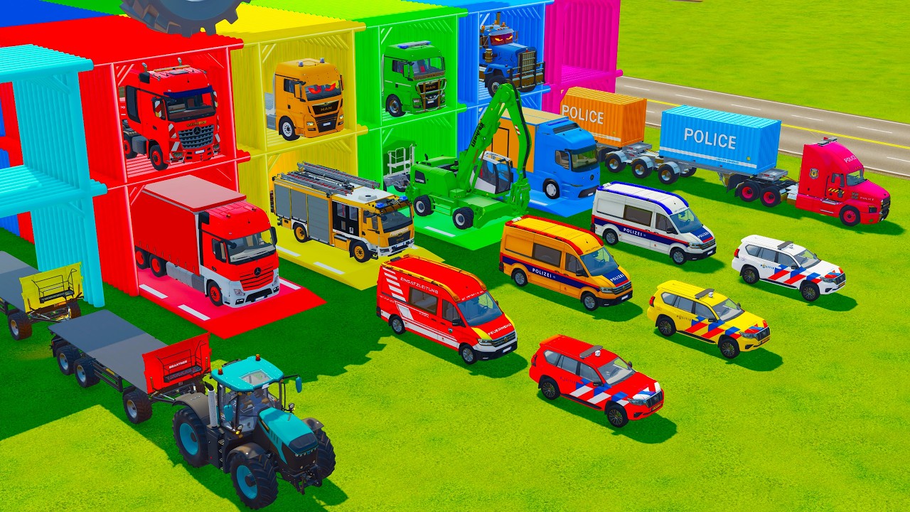 TRANSPORTING AMBULANCE, FIRE ENGINE, EXCAVATOR, POLICE TRUCK TO GARAGE - FS22