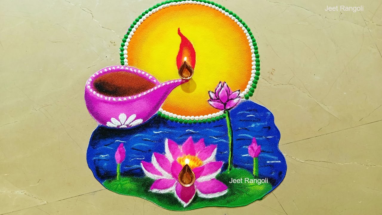 Easy poster rangoli with Diya . Creative poster rangoli.