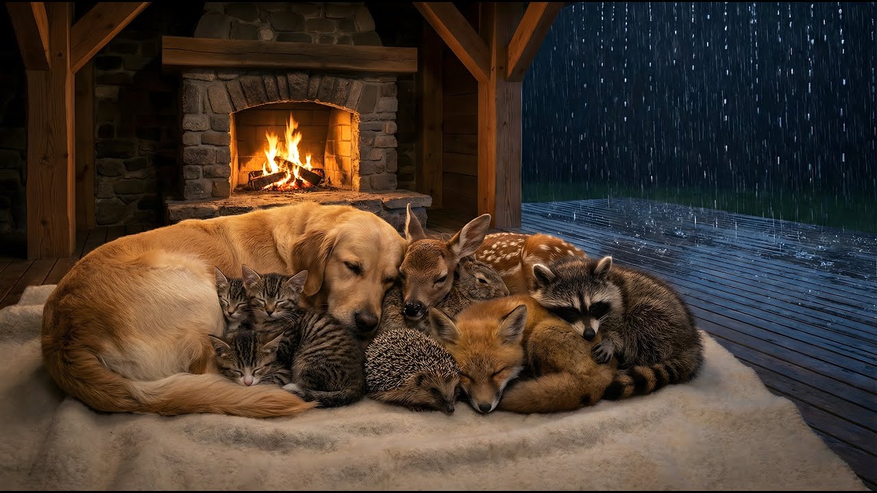 Slow Rain and Fireplace Ambience for Sleep | Cozy Cabin Animals 🔥🌧️