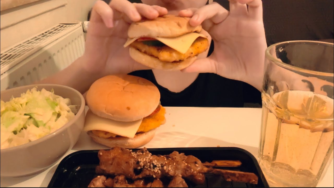 #mukbang #asmr BURGER salad and fried fish