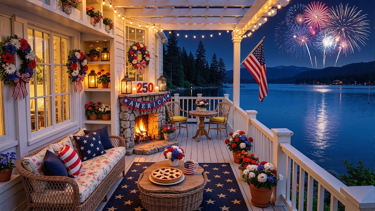 🇺🇸 4th of July Patriotic Lake House Ambience 🎆 Distant Fireworks & Relaxing Piano Music