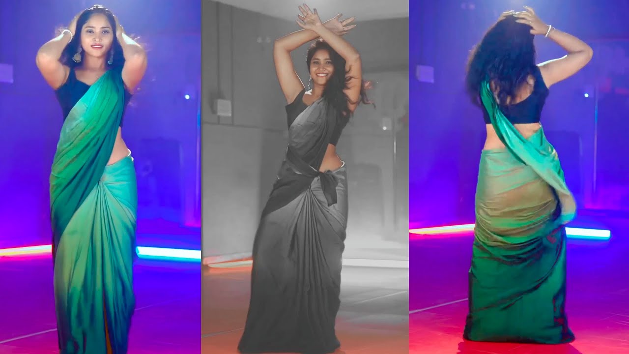Keerthi Kween Traditional Dancing With Gradient Green Saree With Sleeveless Dark blue Blouse