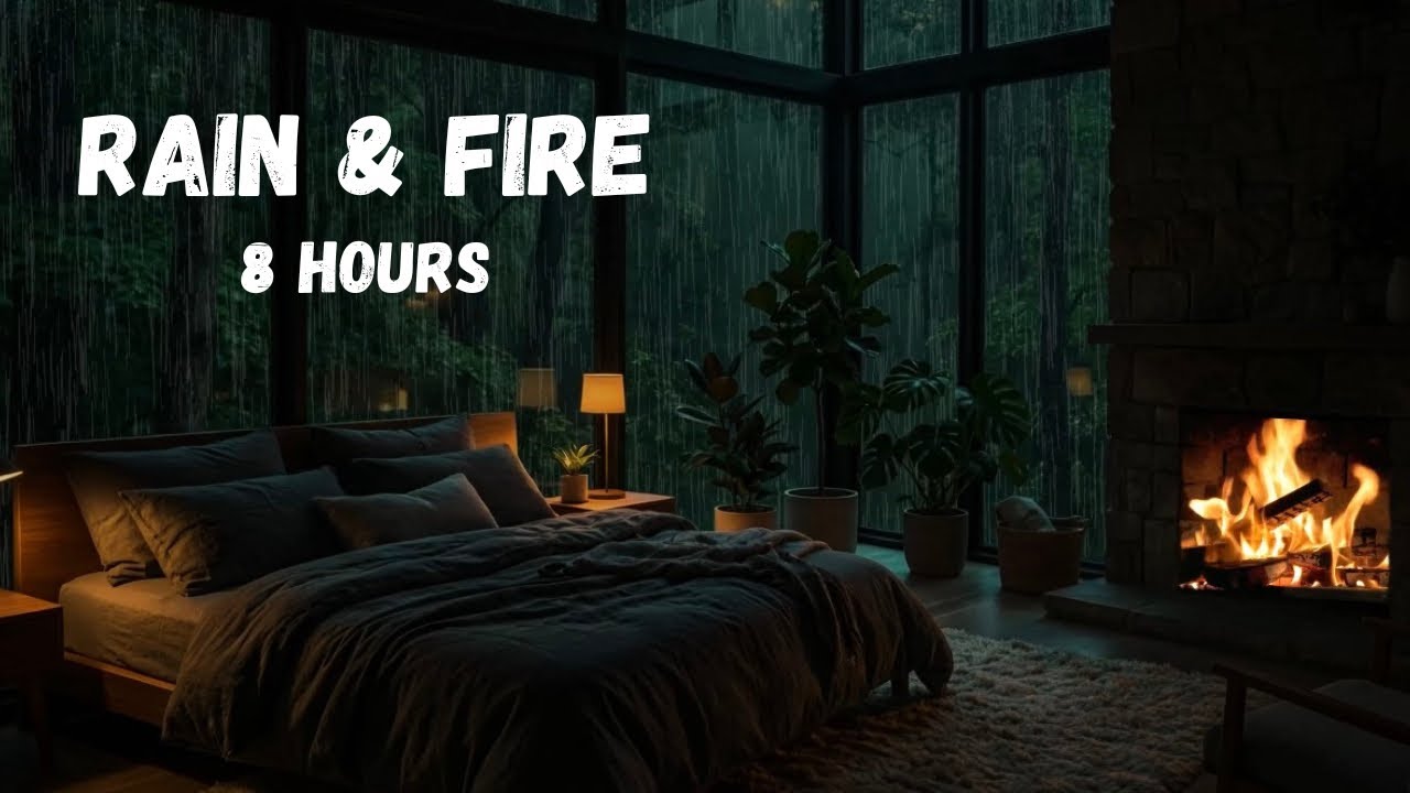 Rain on Window & Crackling Fireplace Bedroom (8 Hours) Deep Sleep, Relaxation & Cozy Night Ambience