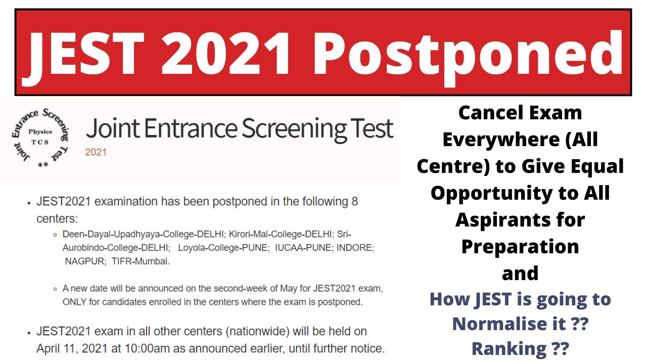 JEST 2021 Postponed | 8 Exam Centres Postponed