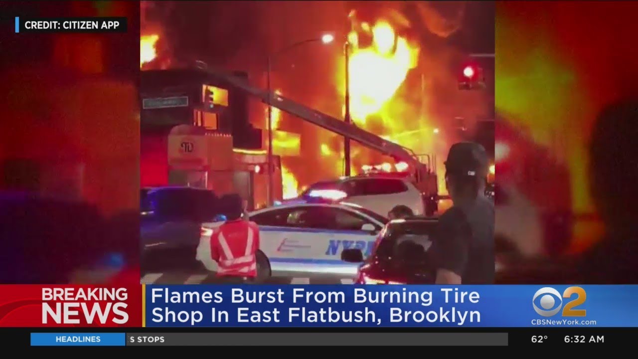 Flames Burst From Burning Tire Shop In Brooklyn