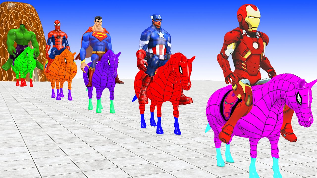 Red HORSE SPIDERMAN Crossing On RAINBOW FOUNTAIN Bridge With Horse Superheroes Rescue Animals Game 2