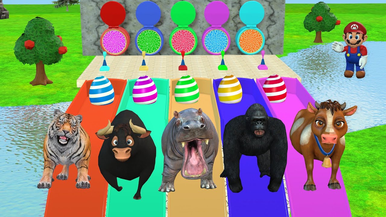 Long Slide Game With Duck Hippo Tiger Cow | Paint Animals Fountain Crossing ss | Funny 3d Animation