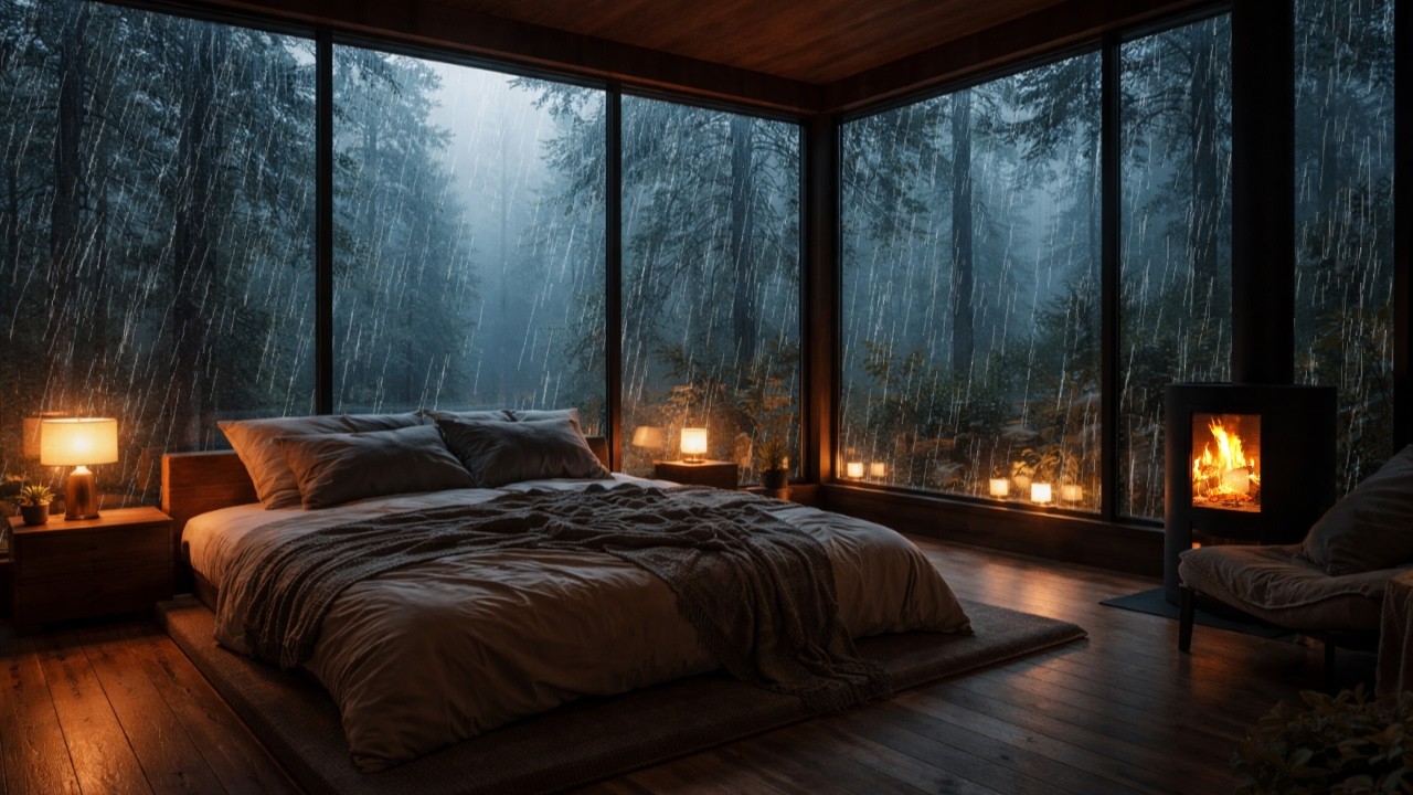 Cozy Rainy Night in a Forest Glass Cabin 🌧️ Rain Sounds & Fireplace for Deep Sleep