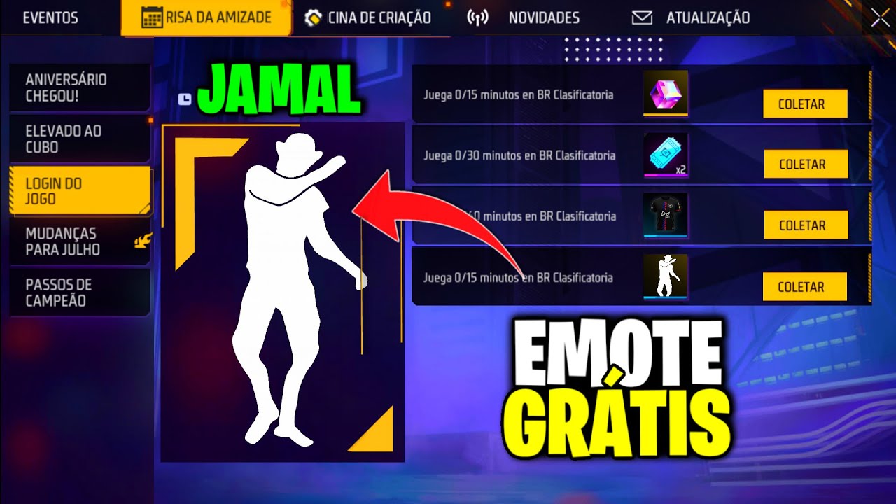 CORRE!! EMOTE GRÁTIS DO PASSINHO DO JAMAL🔥 SKIN DO FFWS PRA TODOS E PRÊMIOS GRÁTIS NO FREE FIRE