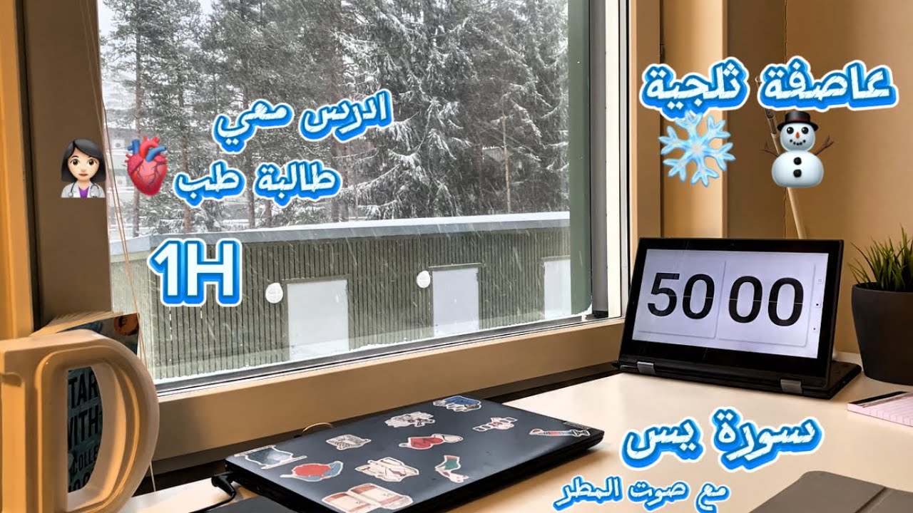 ادرس معي بيوم العاصفة الثلجية⛄️❄️ قرآن+مطر🧊 طالبة طب🩺👩🏻‍⚕️ ||  1H Study with Me Quran Recitation