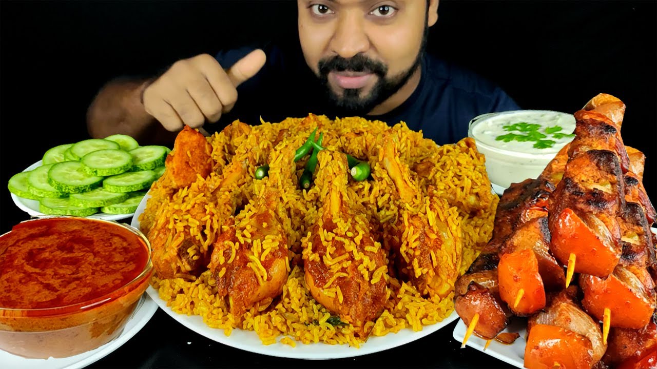 CHICKEN BIRYANI, CHICKEN SHASHLIK, SPICY CHICKEN GRAVY, RAITA, SALAD ASMR MUKBANG || #LiveToEATT