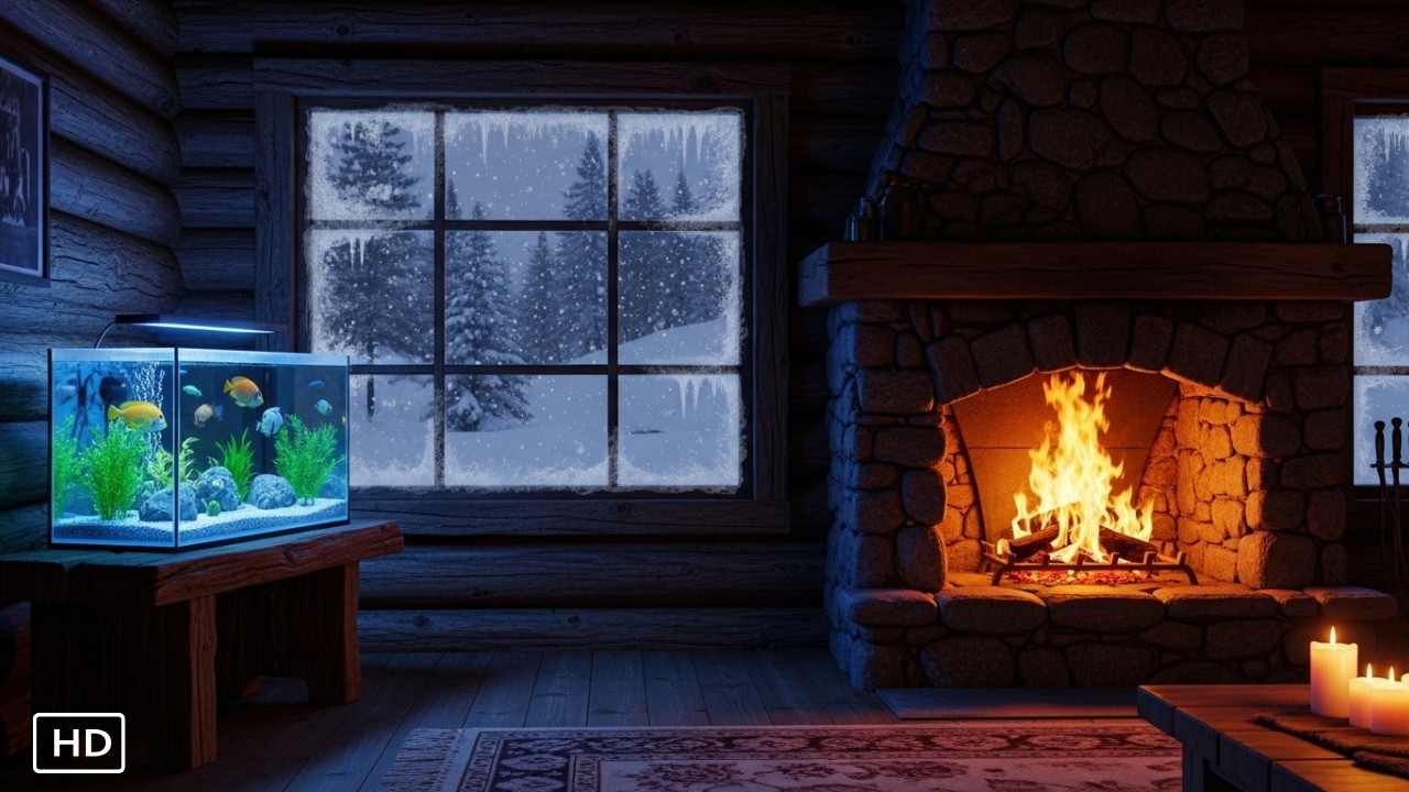 Winter Cabin Vibes | Cozy Fireplace, Fish Tank, and Snow Outside