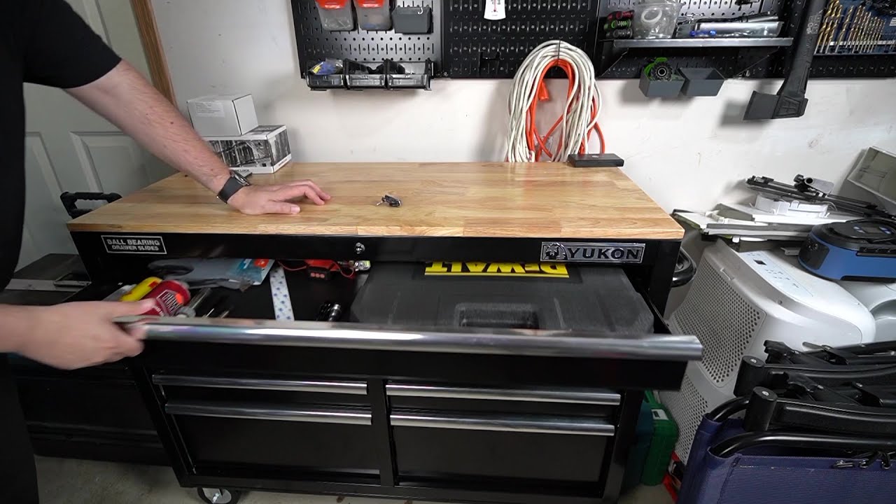 Harbor Freight 46 in. 9 Drawer Mobile Storage Cabinet with Solid Wood Top