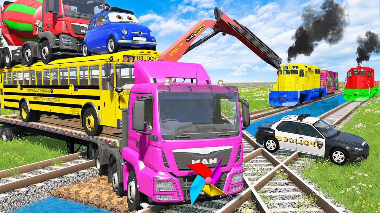 Flatbed Truck McQueen | Truck Transport Adventure - 5 Monster Trucks vs Super Police - BeamNG Drive