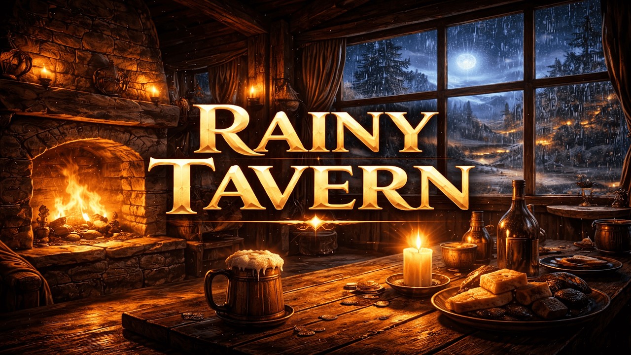 Rainy Medieval Tavern 🌧️ Cozy Fantasy Tavern Ambience with Fireplace & Rain for Sleep, Study & Relax