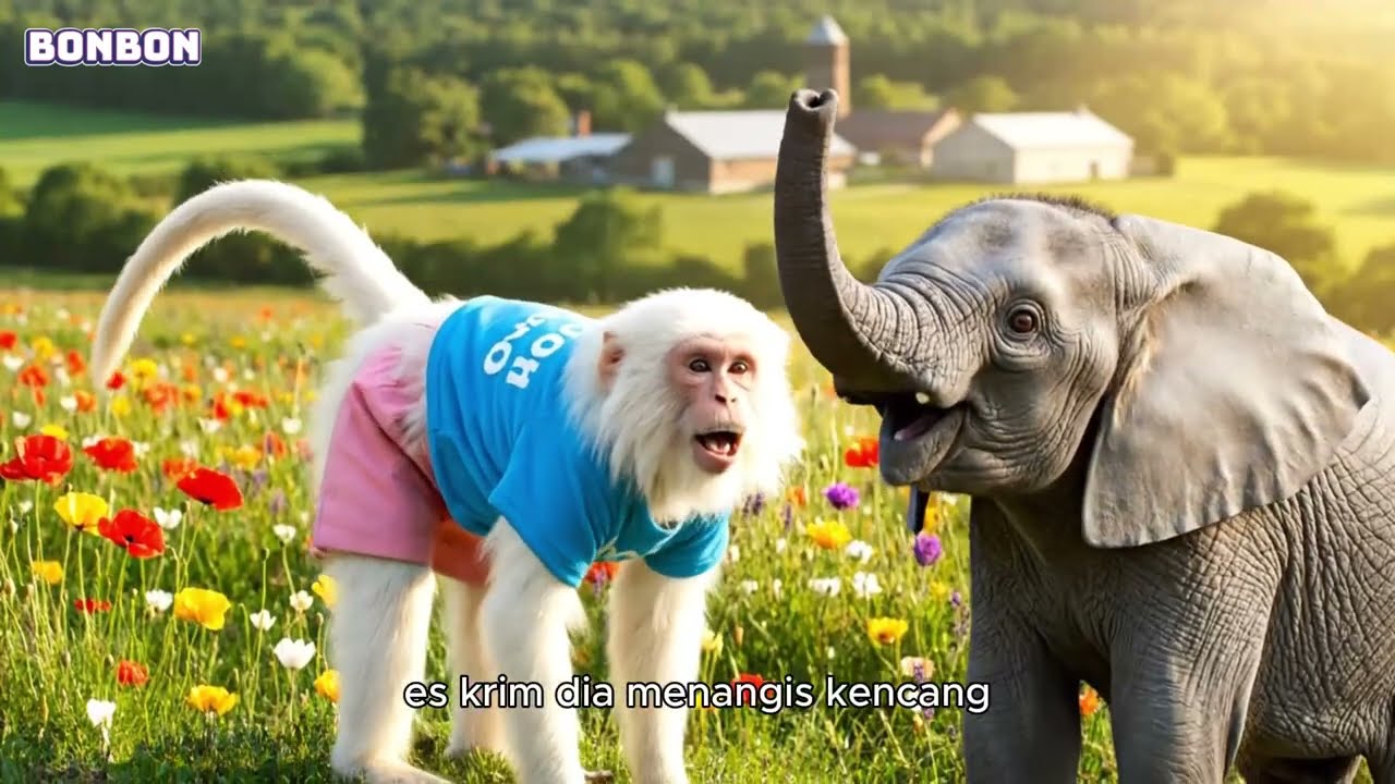 BonBon Monkey buys rainbow ice cream from the ice cream truck at the farm with his elephant friend