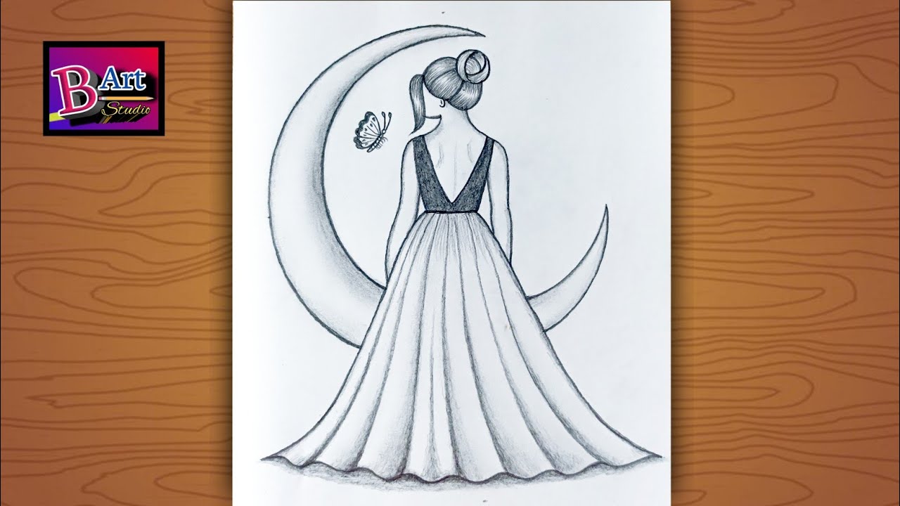 How to draw a girl easy | girl drawing with moon | step by step