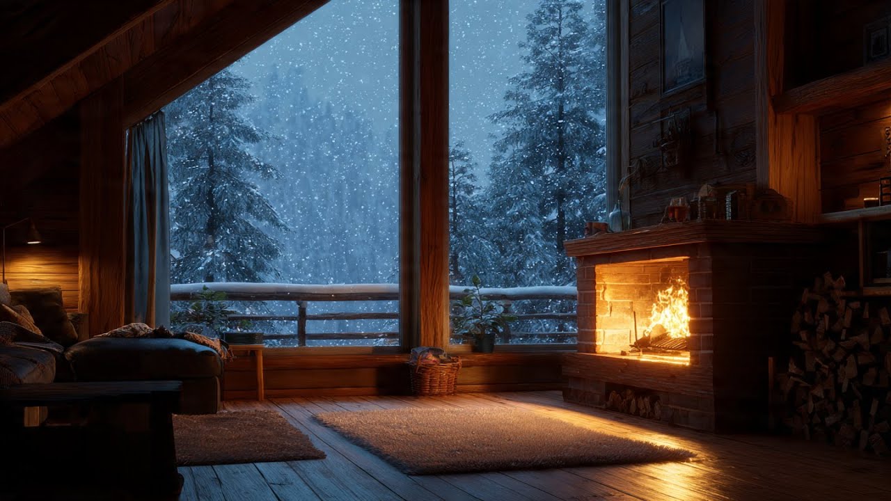 Cozy Cabin Ambience at Night crackling fireplace Falling Snow deep sleep relaxation studying