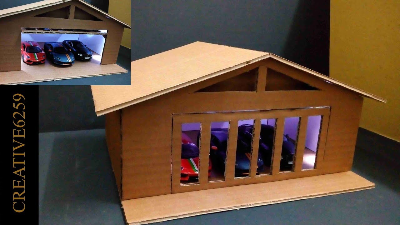 How To Make A Car Garage | Cardboard Garage For RC Cars/ Model Toys At Home (With Lights)
