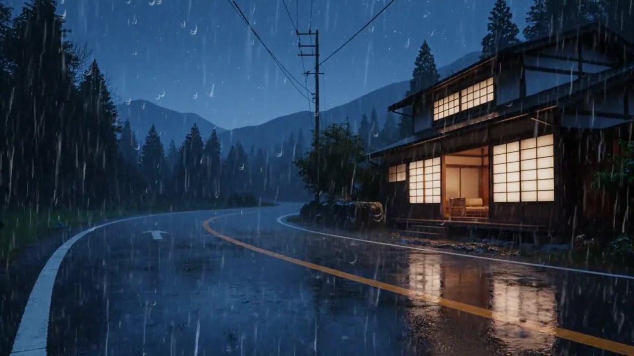 Peaceful Rain Sounds at Night on Empty Road Near Cozy Wooden House for Deep Sleep