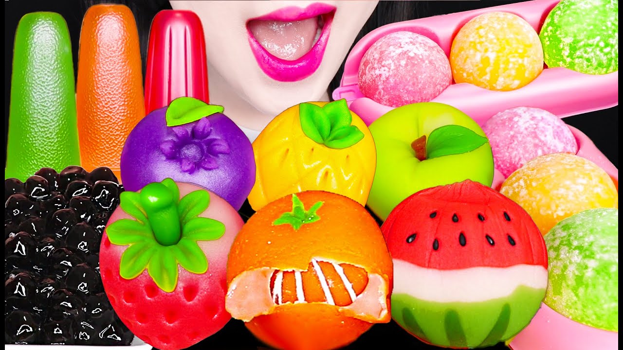 ASMR Sweet Bean Cake, Boba Pearls 과일 화과자, 보바 타피오카 펄 먹방 Mukbang, Eating