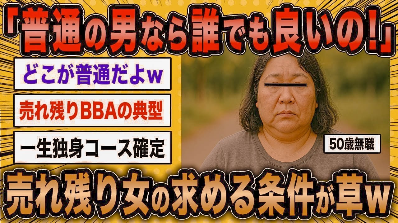 【2ch面白いスレ】50歳無職「普通の男なら誰でもいいのに結婚できない！」←売れ残り女の高望み希望条件が草ww【ゆっくり解説】