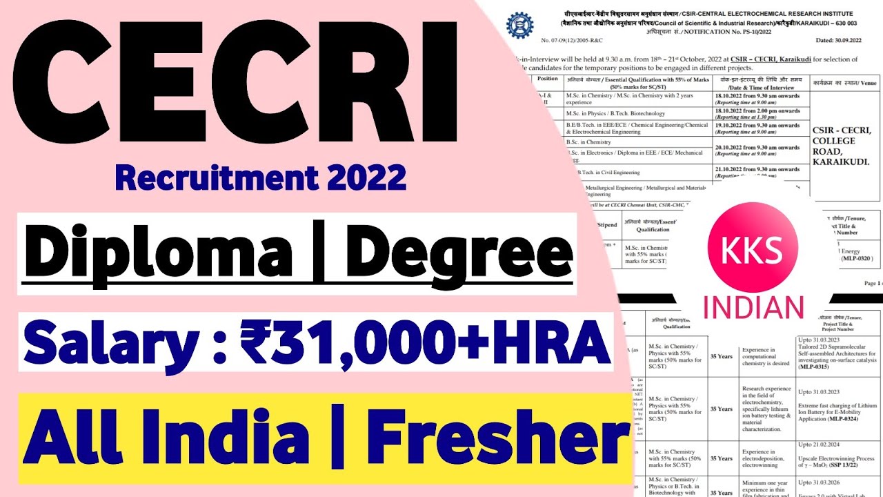 CECRI Recruitment 2022 | Diploma Degree | Salary ₹31,000+HRA | All India Apply @KKSINDIAN