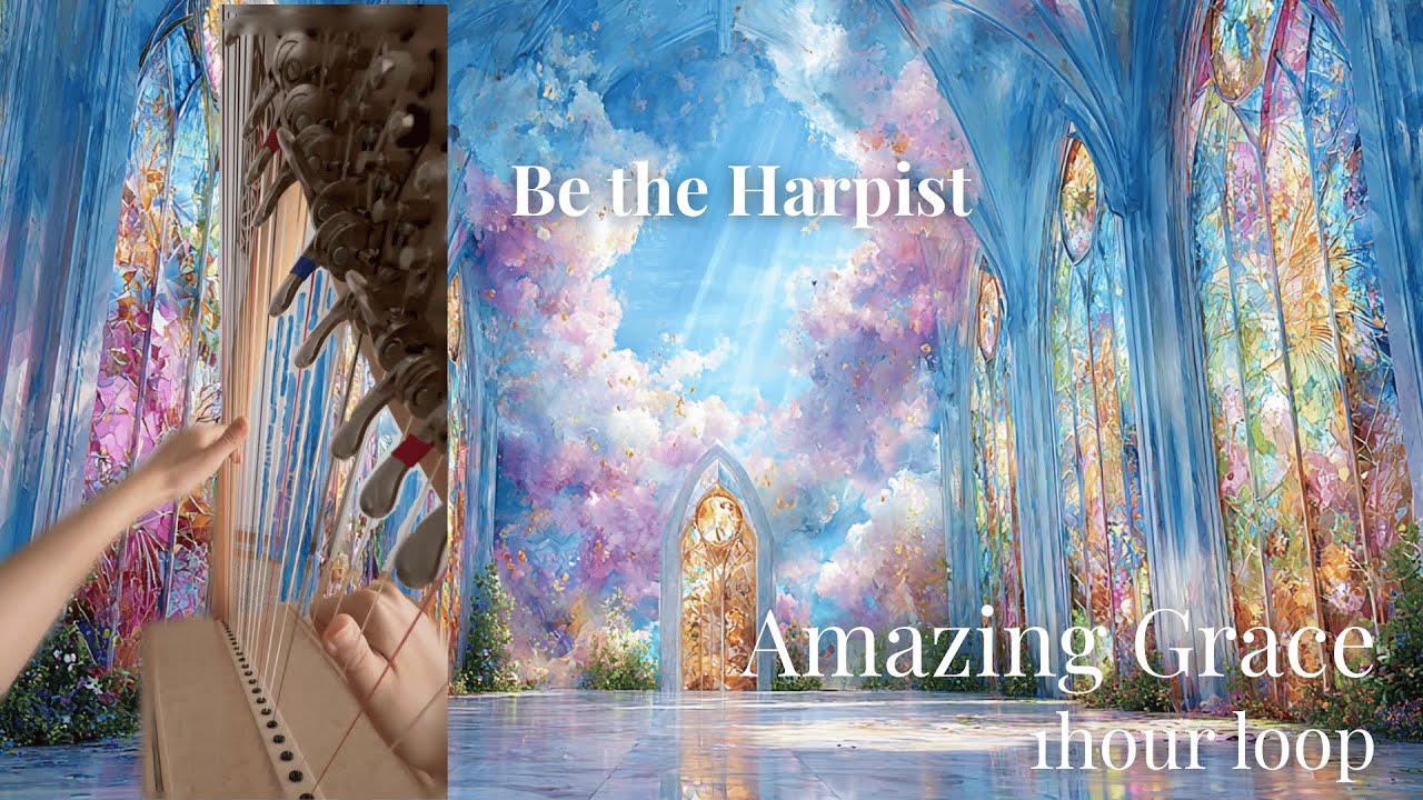 Amazing Grace 1 Hour Loop 🕊️ Harp Sleep Music | Magical Stained Glass Cathedral