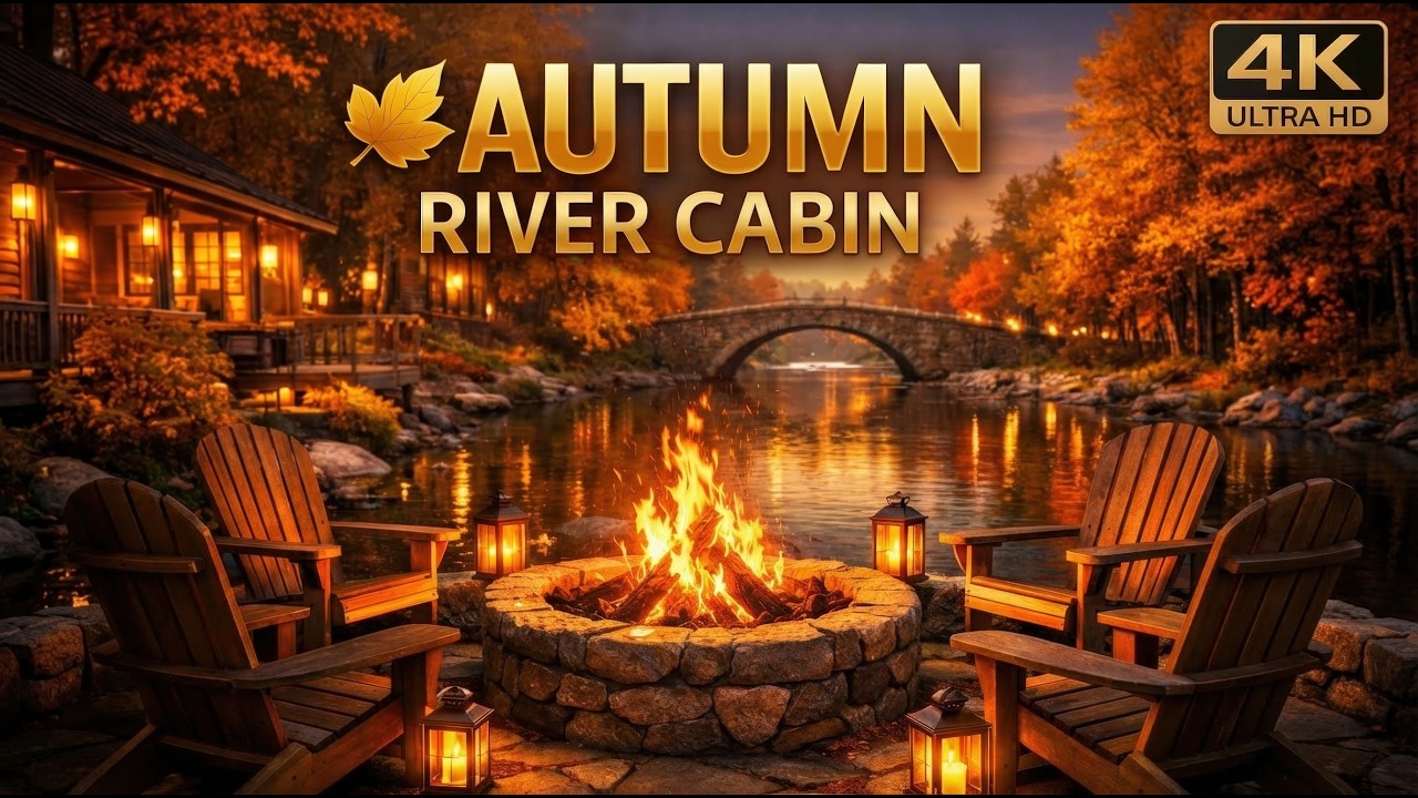 8 HOURS Crackling Campfire & Flowing River Sounds 🔥🌊 Cozy Autumn Cabin Ambience (4K)
