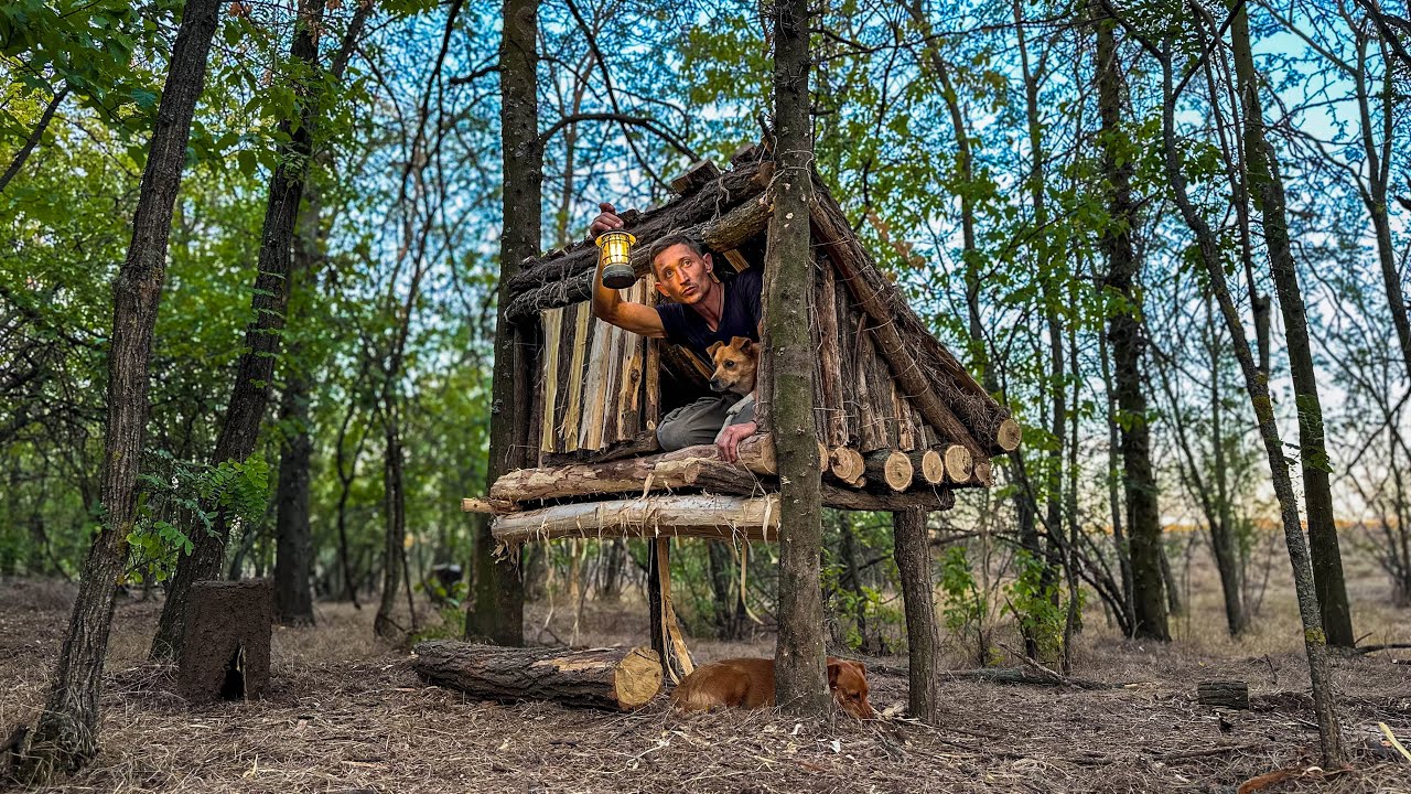 Building a Cozy and Safe Tree Shelter. Survival Skills, Bushcraft
