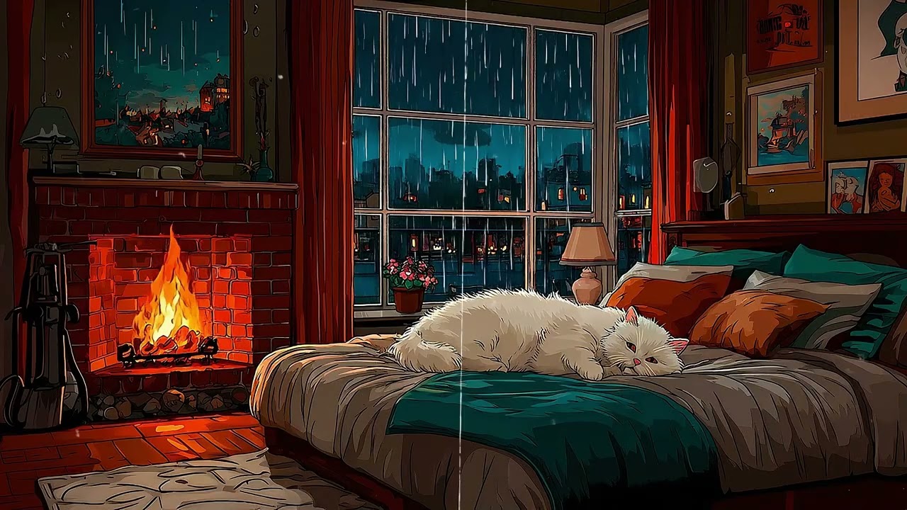 Gentle Rainy Night 1940s ☕Oldies Playing in Another Room | Fireplace Night for Relaxing