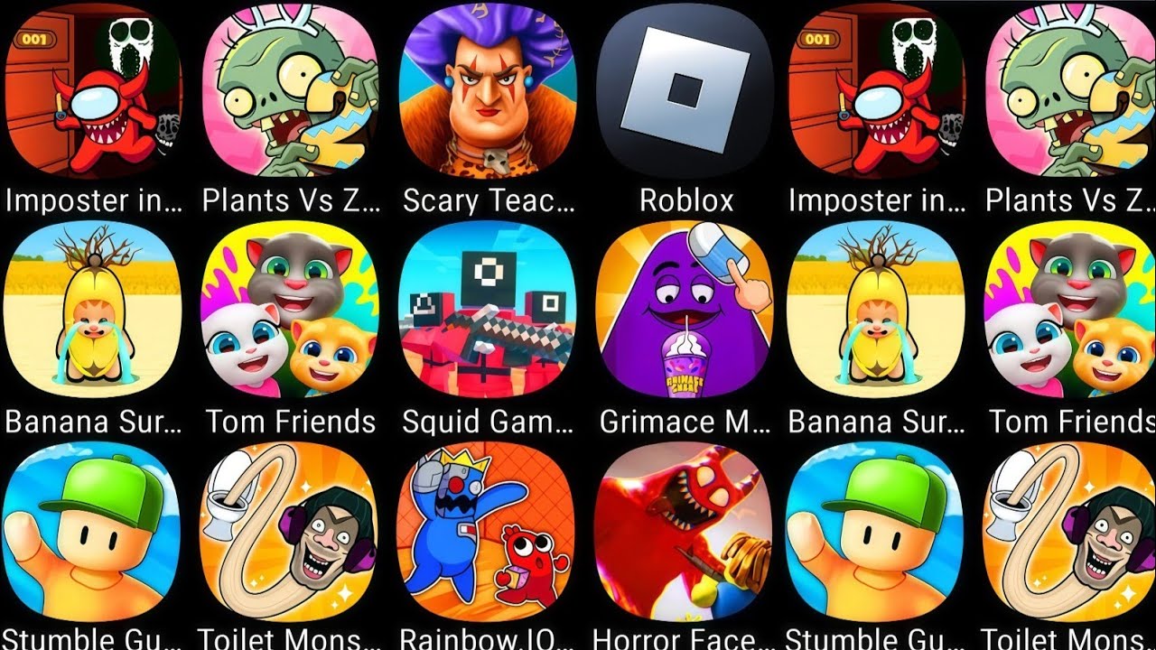 Hide In The Backroom,Scary Teacher 3d,Stumble Guys,Squid Game,Grimace Monster Scary Survival