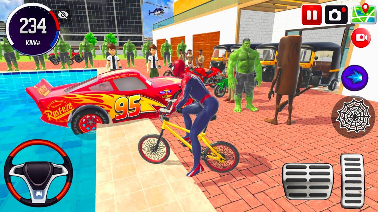 🎮 Spiderman Blue💙Mc Queen Car 🦚Tung Tung Sahur & Scary Teacher 🥰 Modified Police Bike🤑 Game Showroom