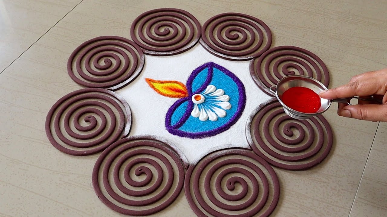Easy Diya Rangoli Design For Diwali | Diya Rangoli For Navratri | Deepam Muggulu For Deepavali