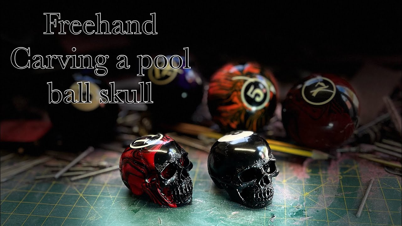 Skull carving, completely free hand carving of a pool ball skull.