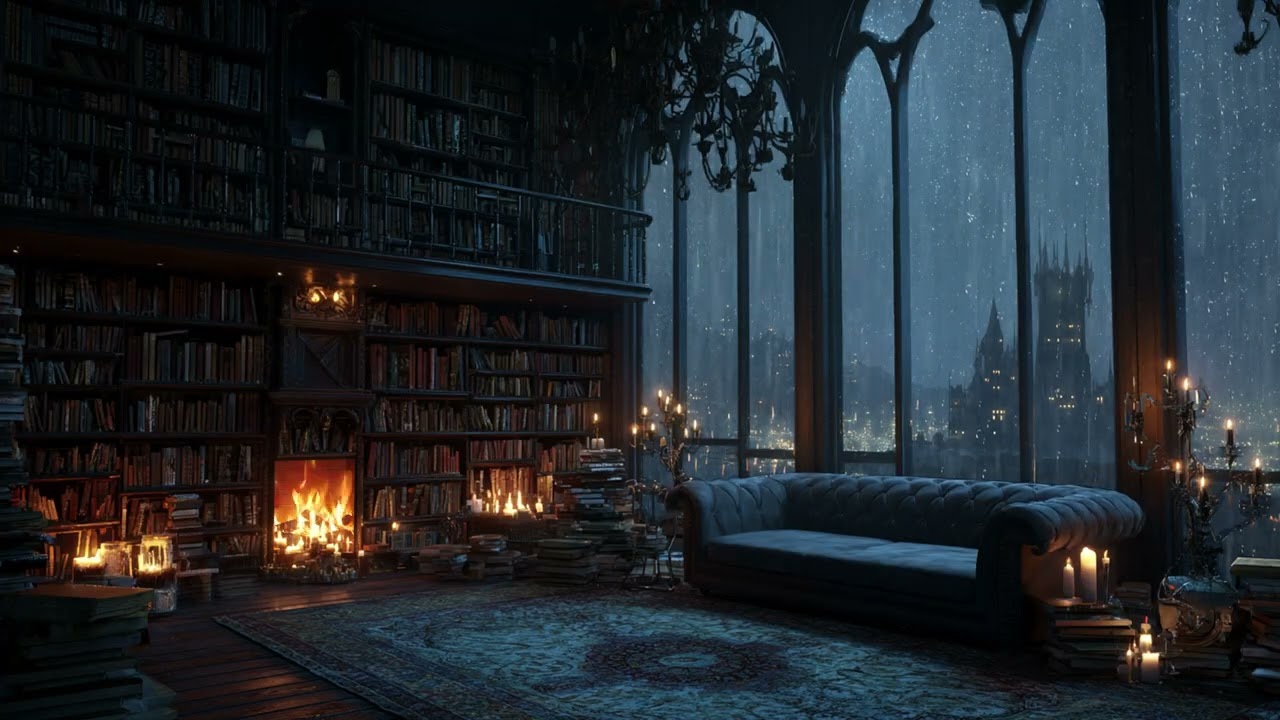 Rainy Night in a Grand Castle Library | Fireplace & Candlelight Ambience