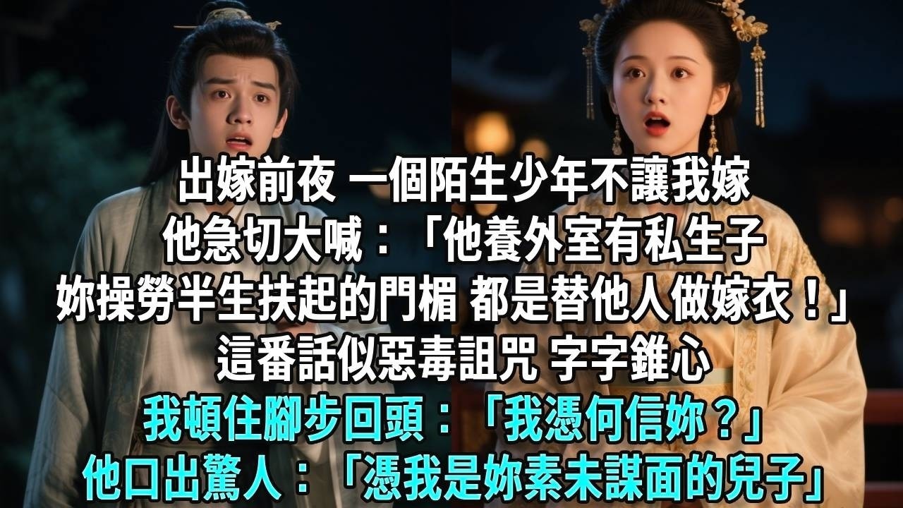 出嫁前夜，一個陌生少年不讓我嫁，他急切大喊：「他養外室有私生子，你操勞半生扶起的門楣，都是替他人做嫁衣！」似惡毒詛咒，字字錐心。我頓住腳步回頭：「我憑何信你？」他口出驚人：「憑我是你素未謀面的兒