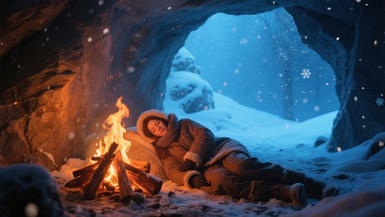 Winter Sleep Calm Night Snowy Air and Cozy Fireplace Glow Deep Cozy Relaxation