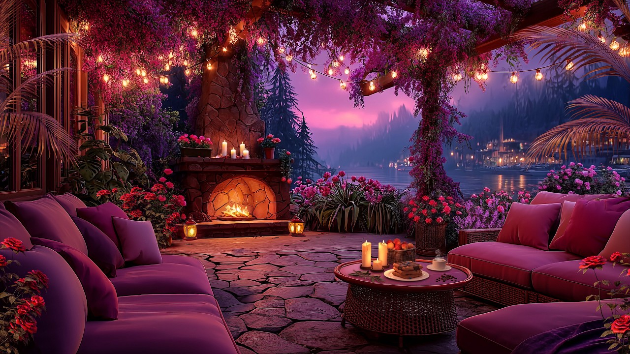 Purple Sunset Lake View 🌸 Romantic Flower Balcony with Fireplace Ambience 4K