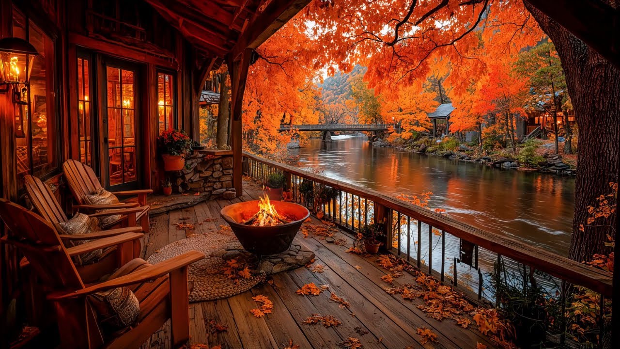 Crisp Morning by the Riverside Cabin Porch | Firepit & Birdsong in the Forest Ambience