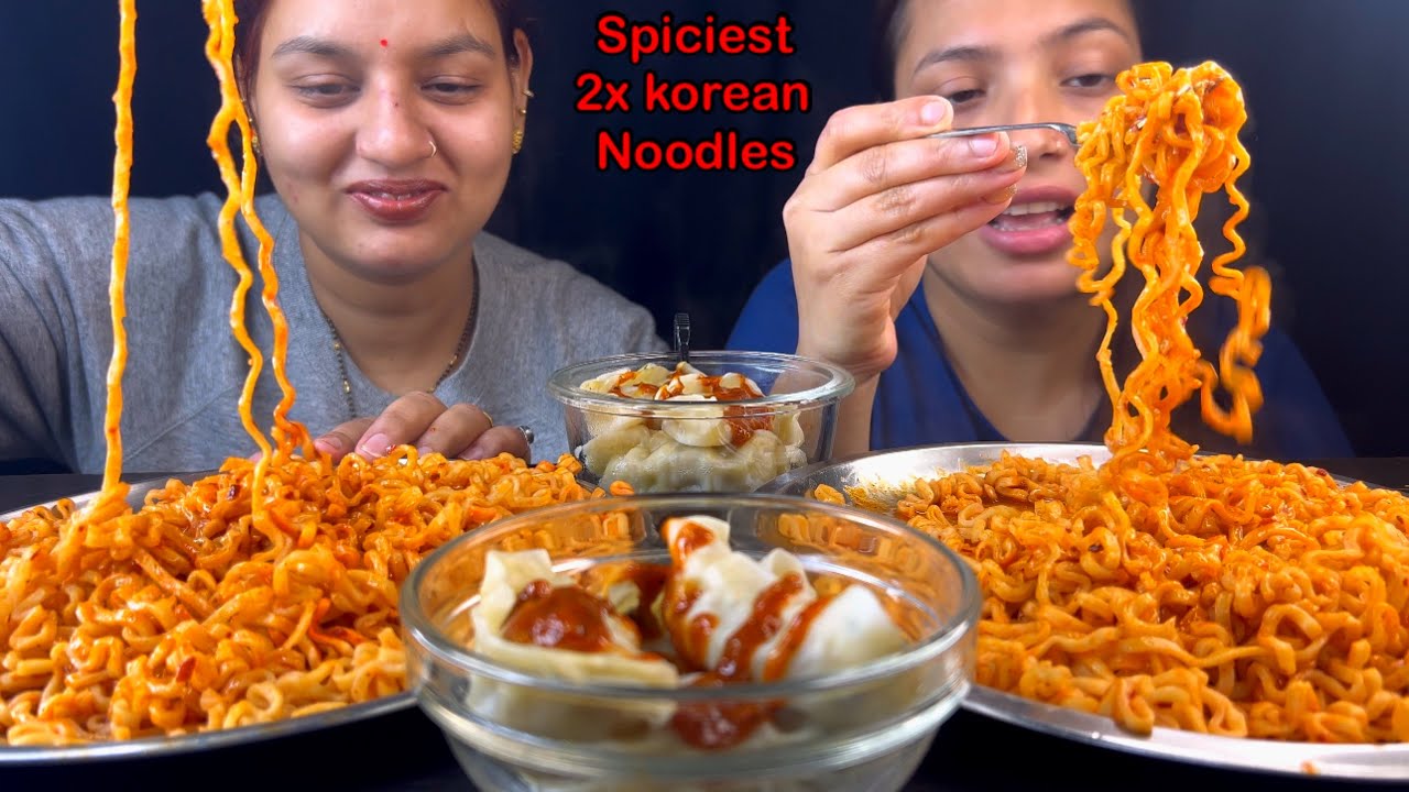 Eating 2x Spicy🔥 Korean Fire Noodles, Momo Challenge With Bhabhi | Spicy Noodles Eating Challenge